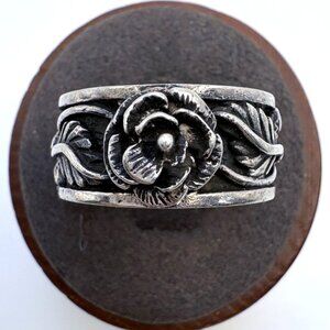 VTG Solid Sterling Silver 925 Rose Design Floral Band Ring Size 10.25 Fit